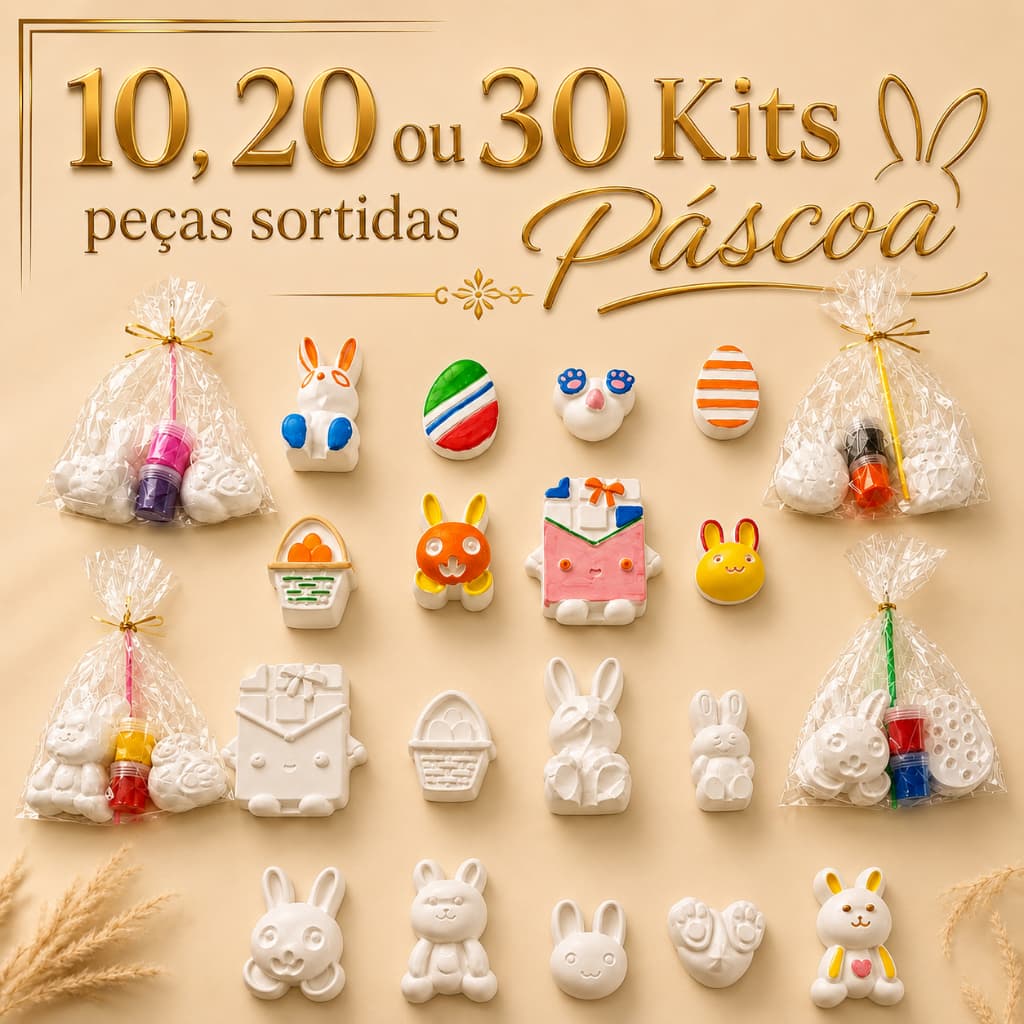 Kit 10 20 30 Lembrancinhas Pintura Infantil 2 Gesso Cru 1 Pincel 2 Guaches Pascoa Ovos Coelho