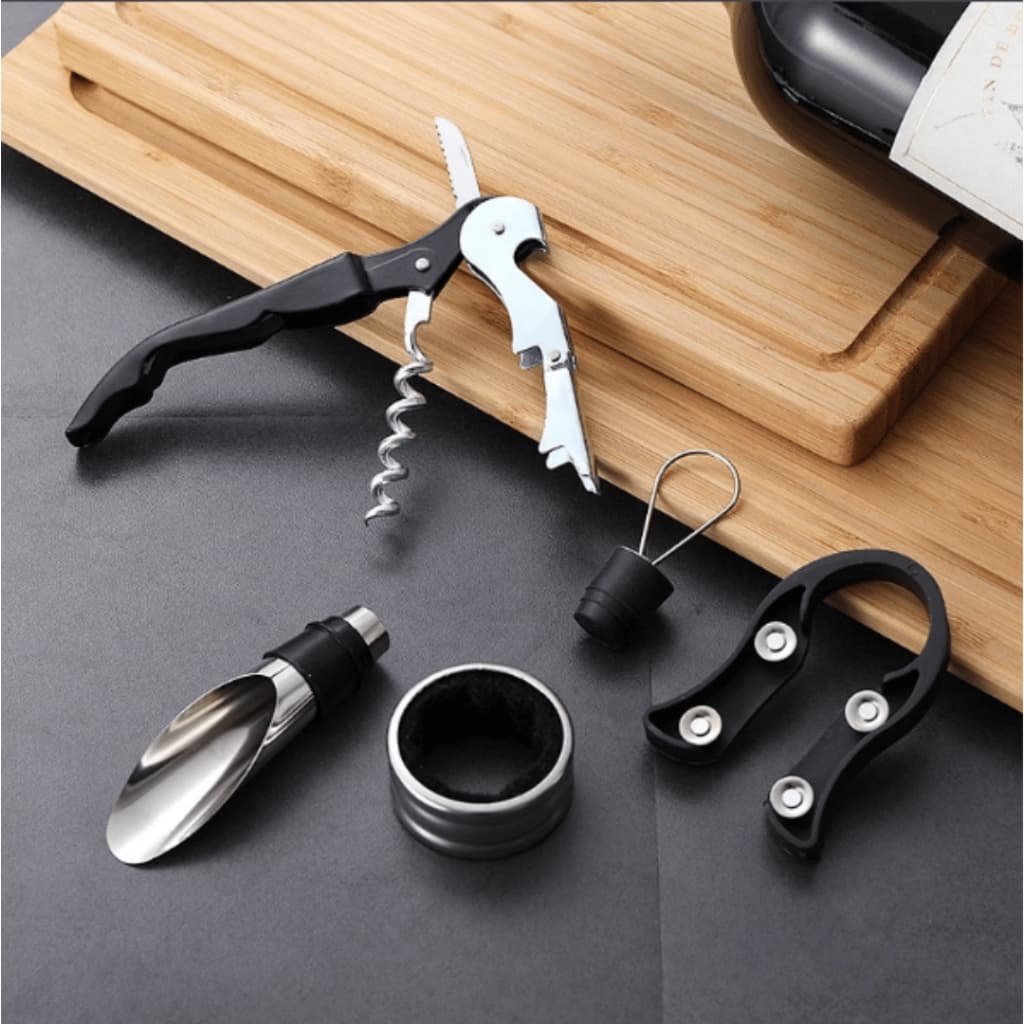 Kit 5 Peças Acessórios Para Vinho Presente Dia Dos Pais Saca Rolhas Aerador Tampa Inox Sommelier