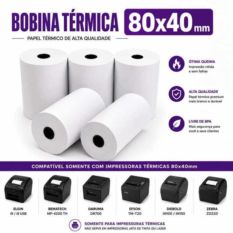 Bobina Térmica 80x40 Kit Para impressoras térmicas de cupom fiscal, PDV e sistemas comerciais.