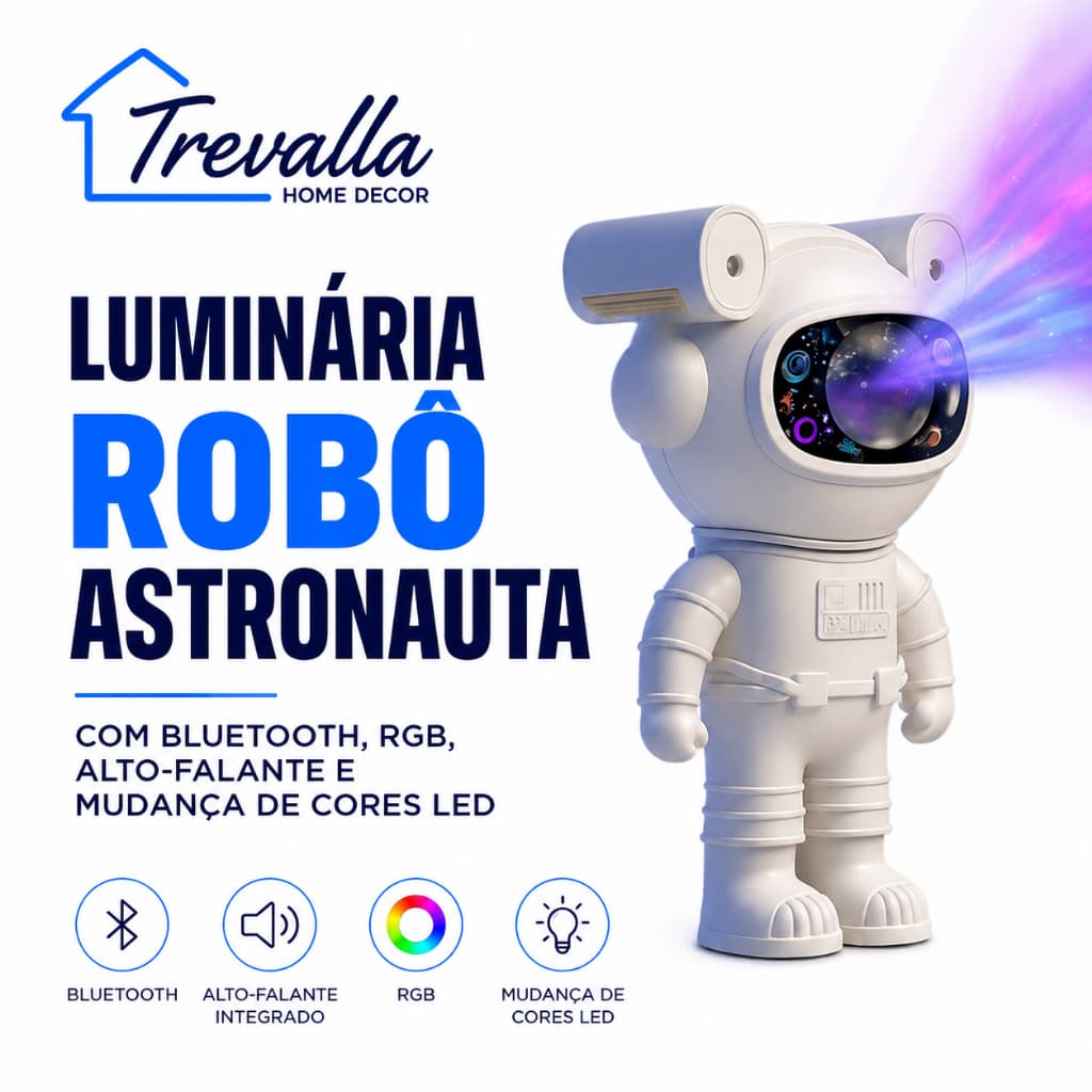 Luminária Robô Astronauta com Bluetooth, RGB, Alto-falante e Mudança de Cores LED Bitlar