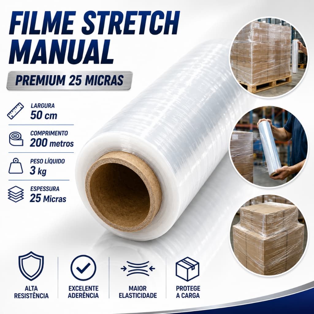 Filme Stretch 3Kg 200 Metros Transparente Alta Resistência para Paletização Embalagem Mudança Proteção de Cargas