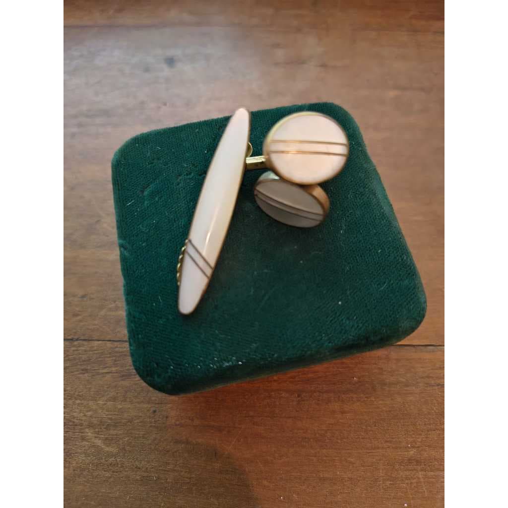 CONJUNTO GALALITE, Abotoaduras e prendedor de gravata Vintage, Déc.60, Coleção, USADOS, LER ANUNCI ABAIXO, Bom estado