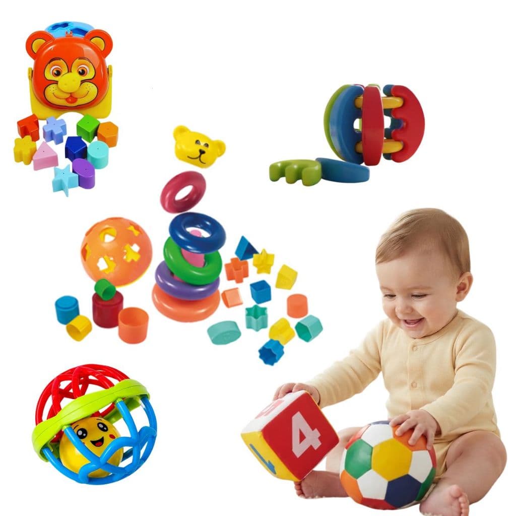 Kit Brinquedos Educativos Ursinho + Bola Gomos + Chocalho + Bola e Dado Fofinho + Cubos Didático com Peças para Encaixar