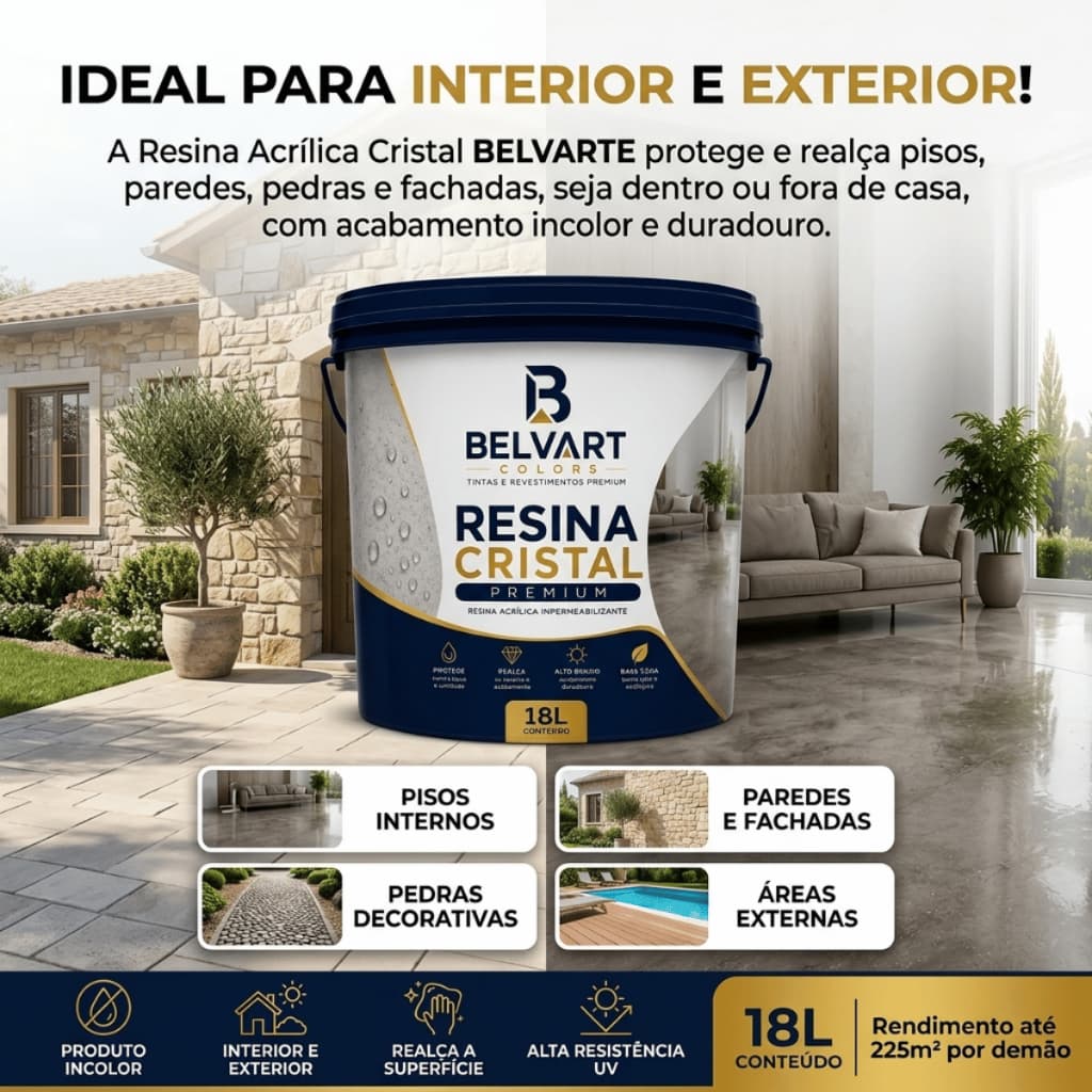 Resina Cristal Premium Belvart Colors 18L Protege e Sela Base Água Baixo Odor Pedra Concreto Parede