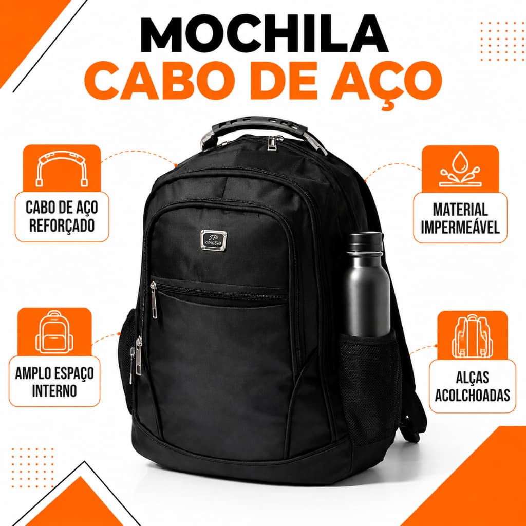 Mochila com Cabo de Aço Impermeável, Resistente e Espaçosa para Viagem, Trabalho, Faculdade e Bagagem de Mão Masculina e