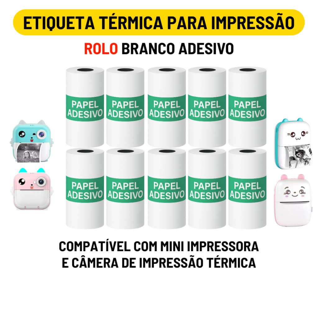 Rolo Etiqueta Térmica Adesiva Branco 57mm Refil Bobina Para Mini Impressora Portátil e Maquina Fotográfica