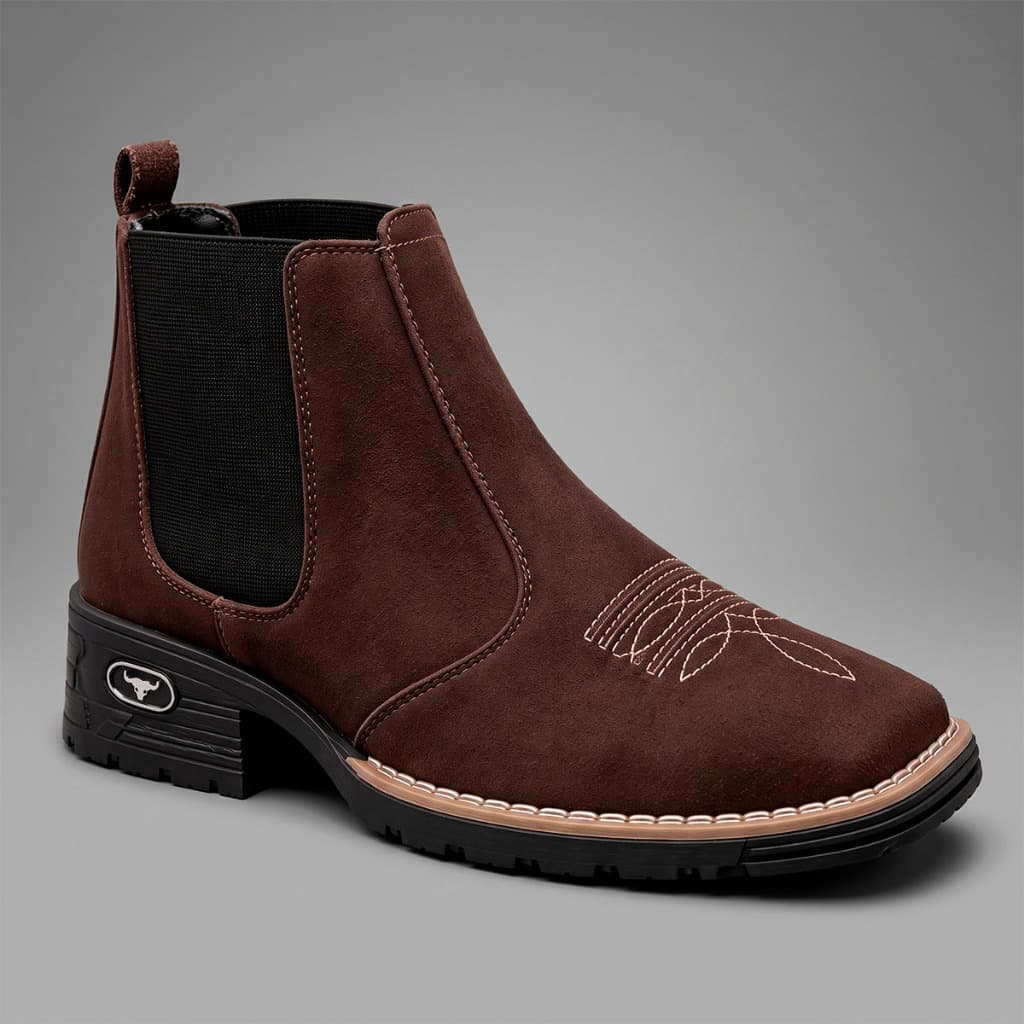 Bota Botina Unissex Cowboy Texana Camurça Sintética Bordada Cano Curto Solado Borracha Resistente