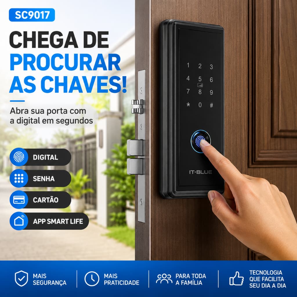 Fechadura Digital Eletrônica Inteligente Biométrica Senha Cartão App Smart Life SC9017