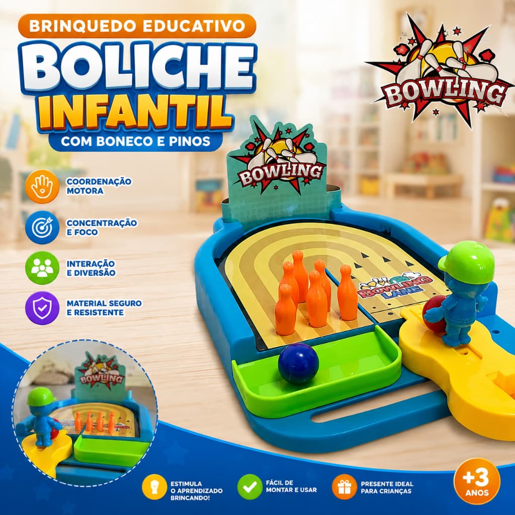 Brinquedo Educativo Boliche Infantil com Boneco e Pinos