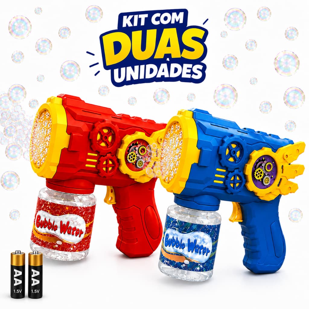 Pistola Bubble Gun Infantil 6 Furos Com Luz LED Automática Solta Muitas Bolhas Pilhas AA Inclusas