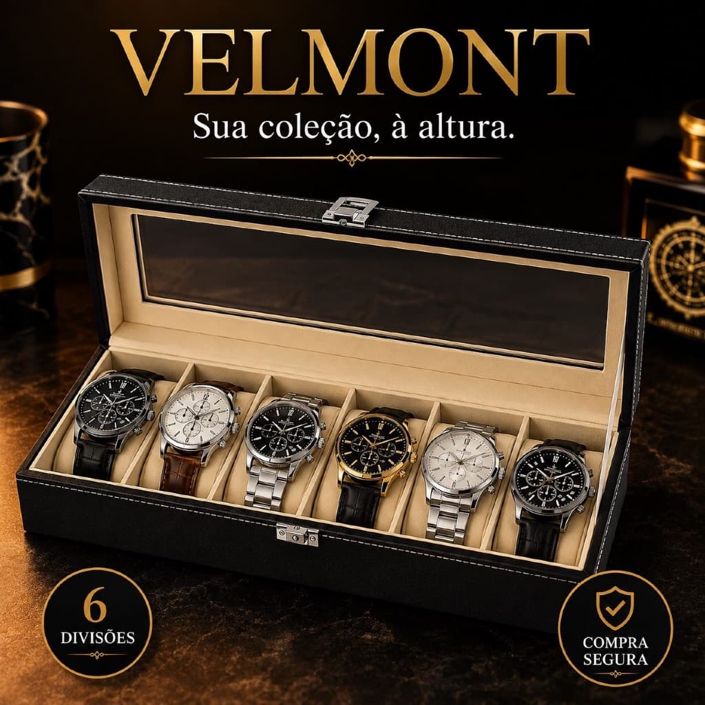 VELMONT — Caixa Organizadora para Relógios 6 Lugares com Visor Transparente