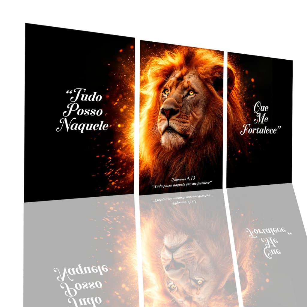 Kit 3 Quadros Decorativos Leão Frases