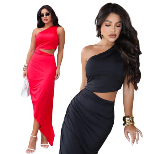Kit 2 Vestidos Longos Um Ombro Elegante Liso Moda Gringa Blogueira meio aberto na barriga Primavera
