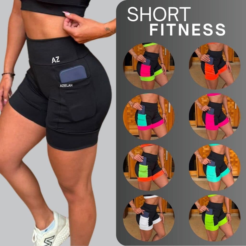 Short Academia Fitness Corrida Com Bolso Feminino Cós Alto Compressão