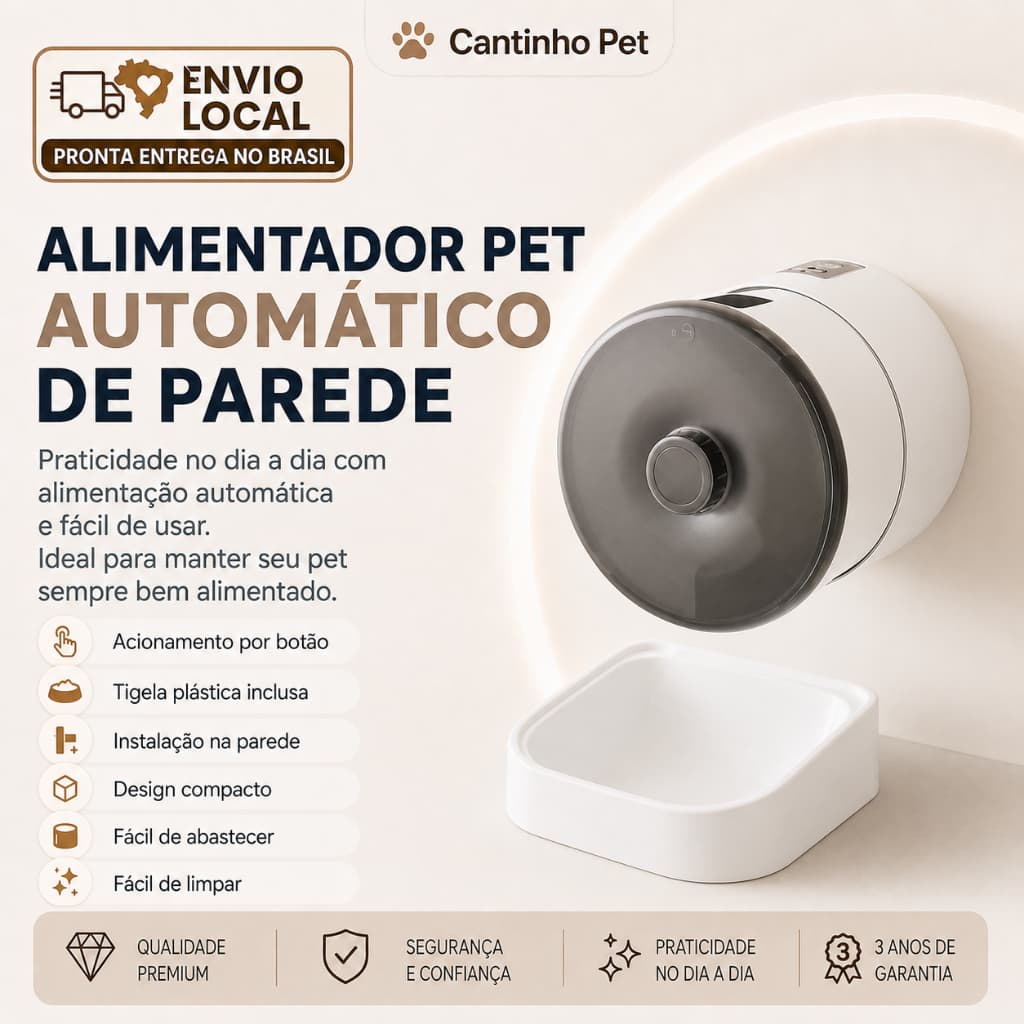 Comedouro de Parede Inteligente para Pets Controle por Aplicativo Programável Anti-Virada e Sem Entupimento