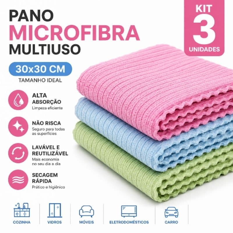 Pano Multiuso 30x30cm de Microfibra Alta Absorção Kit 3, 6, 9 ou 12 Unidades
