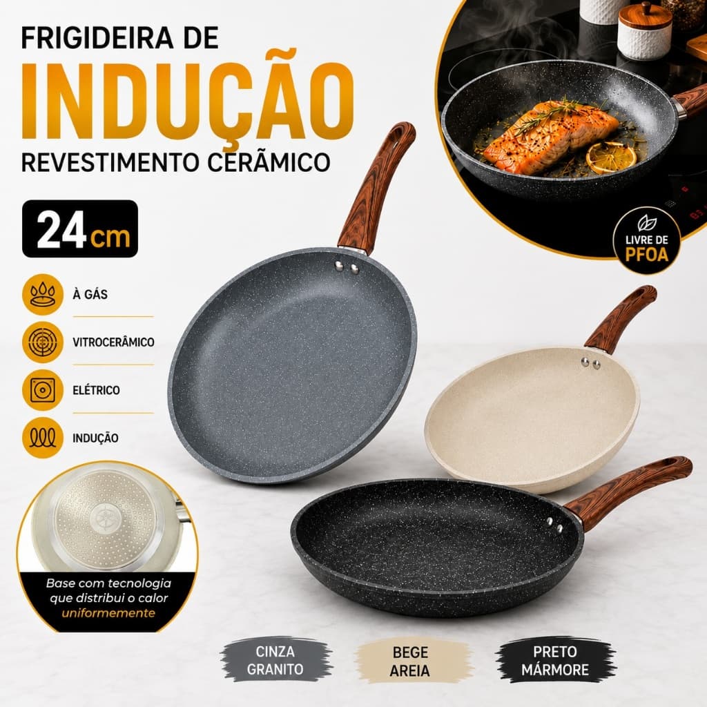 Frigideira Antiaderente Cerâmica 24cm Indução Cooktop Fogão Gás Não Gruda Cozinha Panela Fritadeira