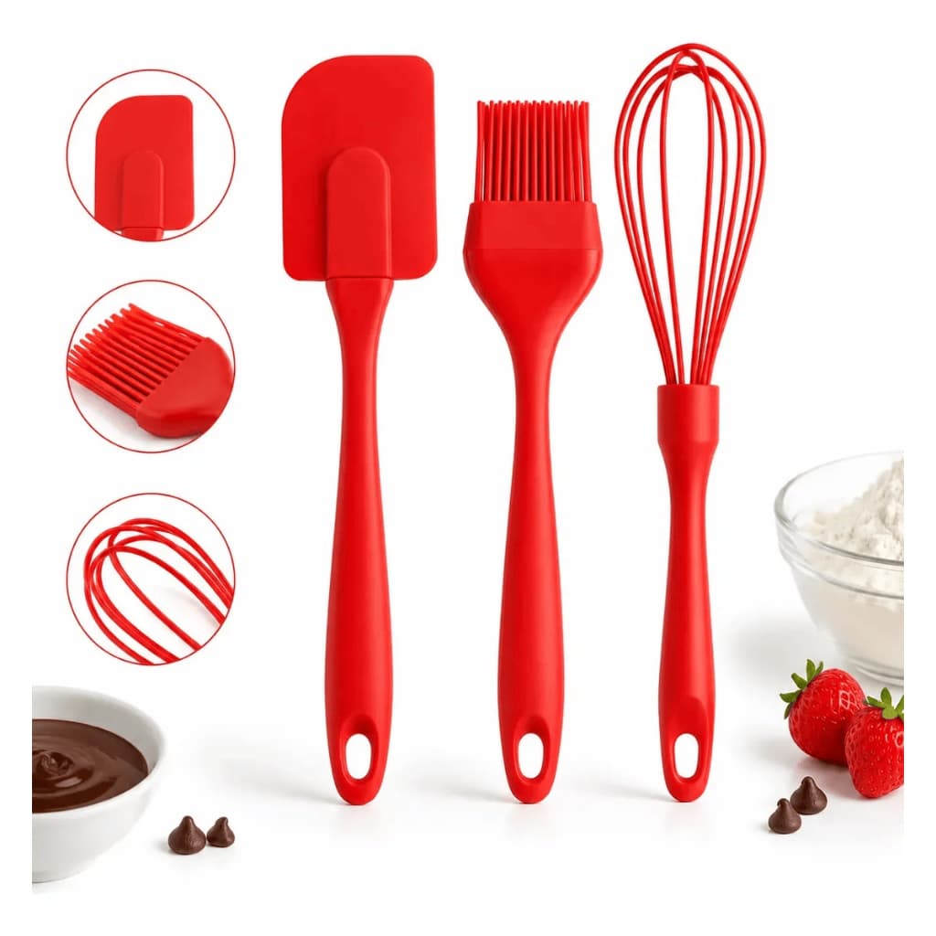 Kit Confeiteiro Silicone Espátula Fouet Batedor Pincel Culinário Utensílios Cozinha Vermelho