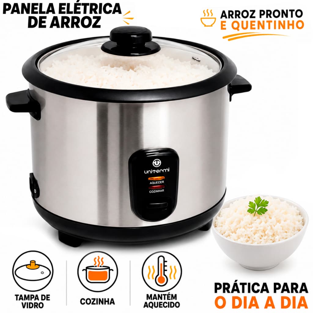 Panela de Arroz Elétrica Aço Inox Antiaderente 6 Xícaras UNITERMI 220v Prática Compacta