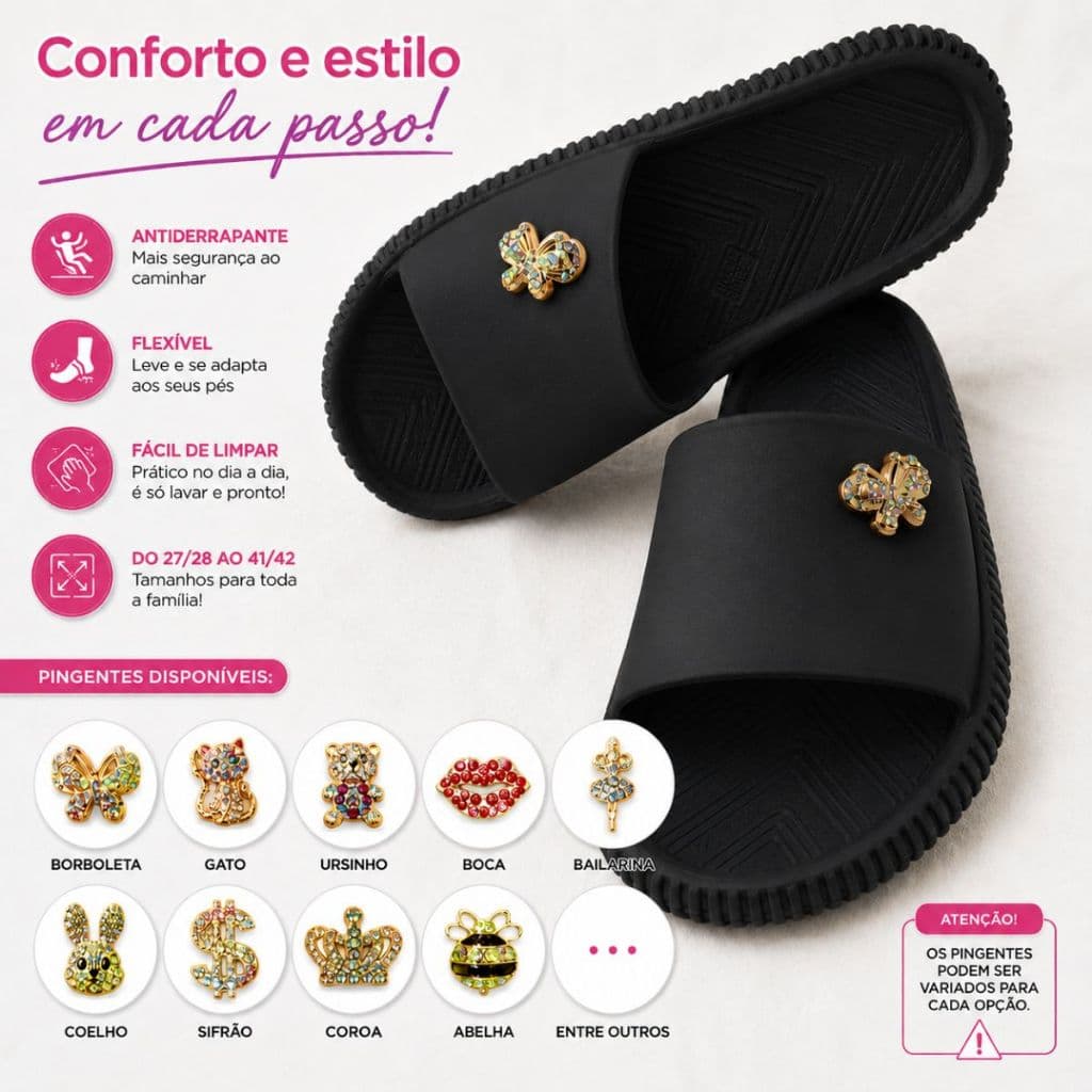 Chinelo Nuvem Slide Virginia Adulto e Infantil ou Juvenil Feminino Menina Confortável Slide Preto Leve Com Pingente