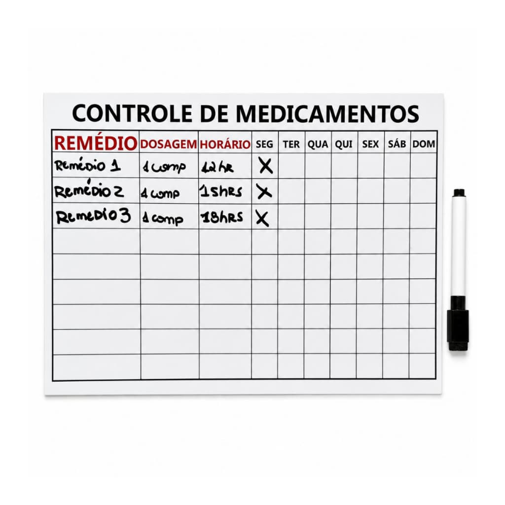 Lousa Magnética Controle de Medicamentos - 30x21cm - Ímã de Geladeira - Branco/Creme