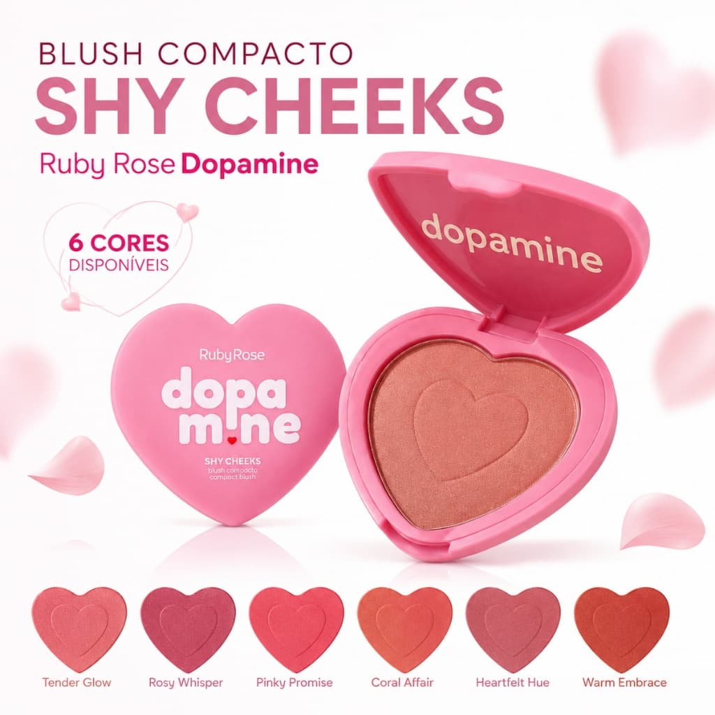 Blush Ruby Rose Dopamine Shy Cheeks Coração Alta Pigmentação Efeito Natural 6 Cores