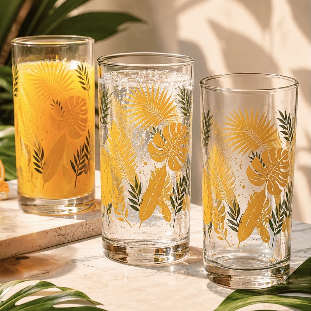 Jogo 6 Copos de Vidro Palmeira Coqueiro Água Suco Refrigerante Copo Drink