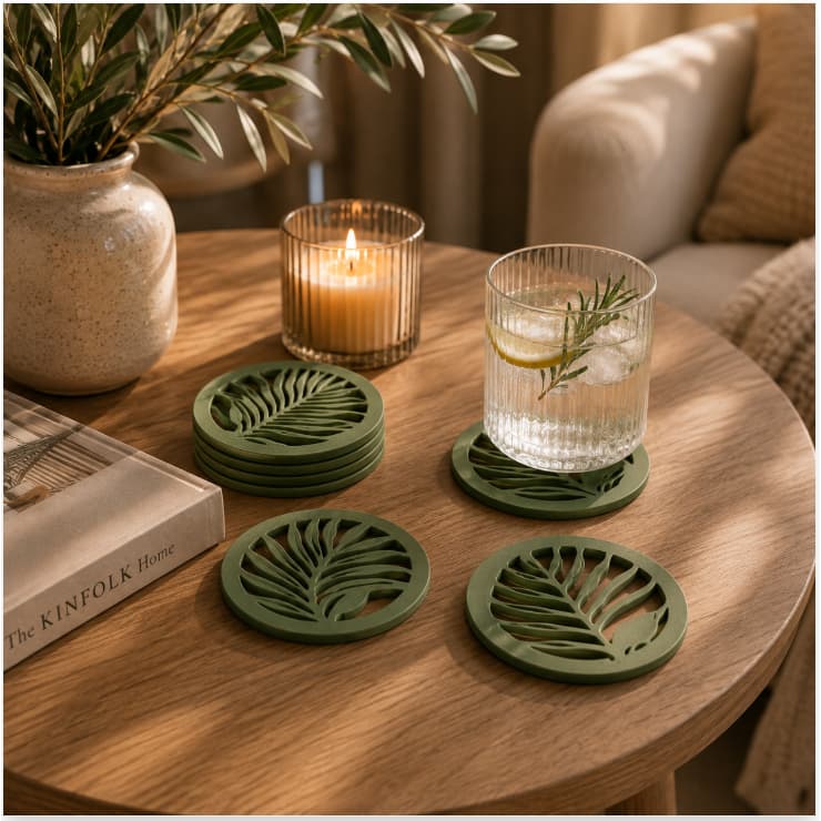 Kit 6 Porta-Copos Folhas Botânicas Premium – Descanso para Copos e Xícaras | Decoração Moderna