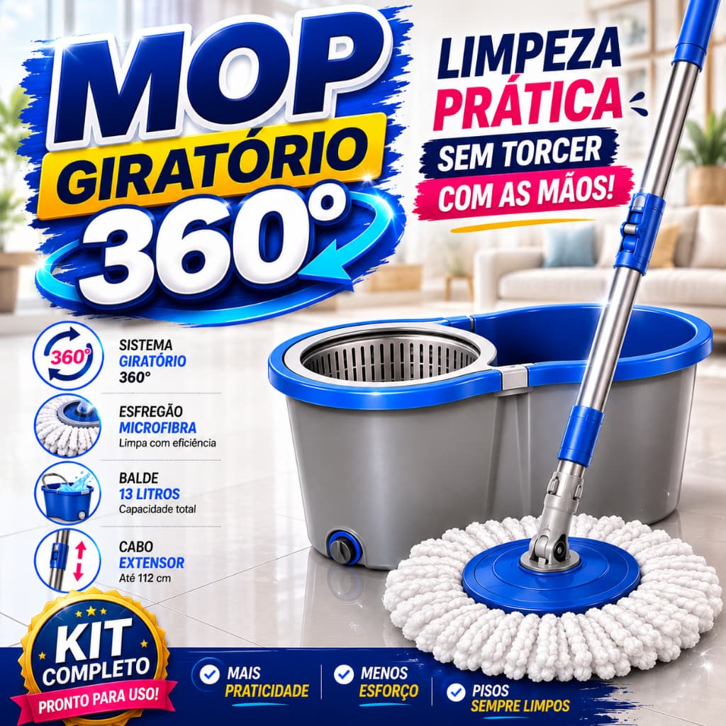 Esfregao Mop Giratorio Balde 13 Litros Com Alca Rodas E Refis Pratico Facil Limpeza