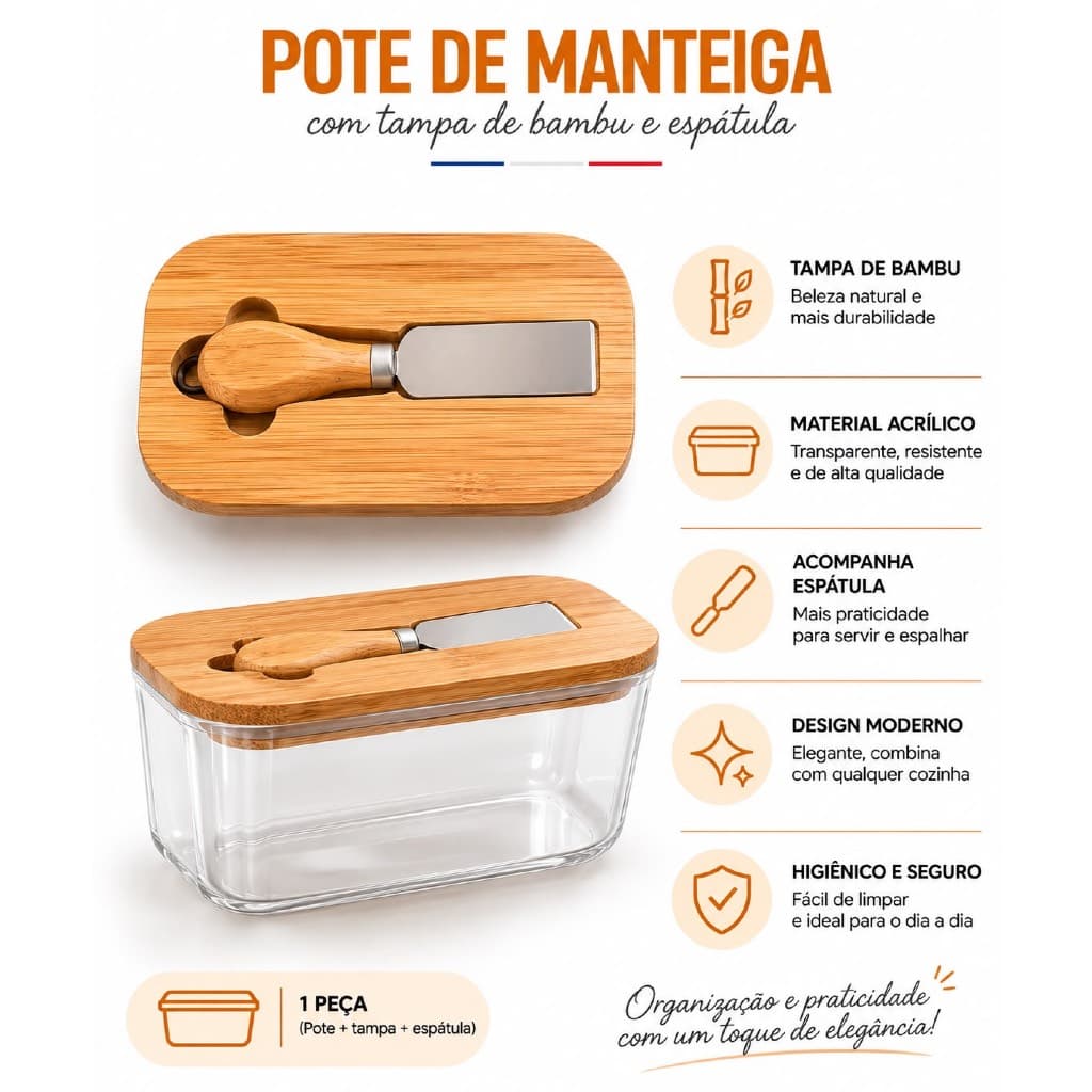 Porta Frios Porta manteiga Mantegueira De Acrílico C/ Espátula E Tamoa de Bambu
