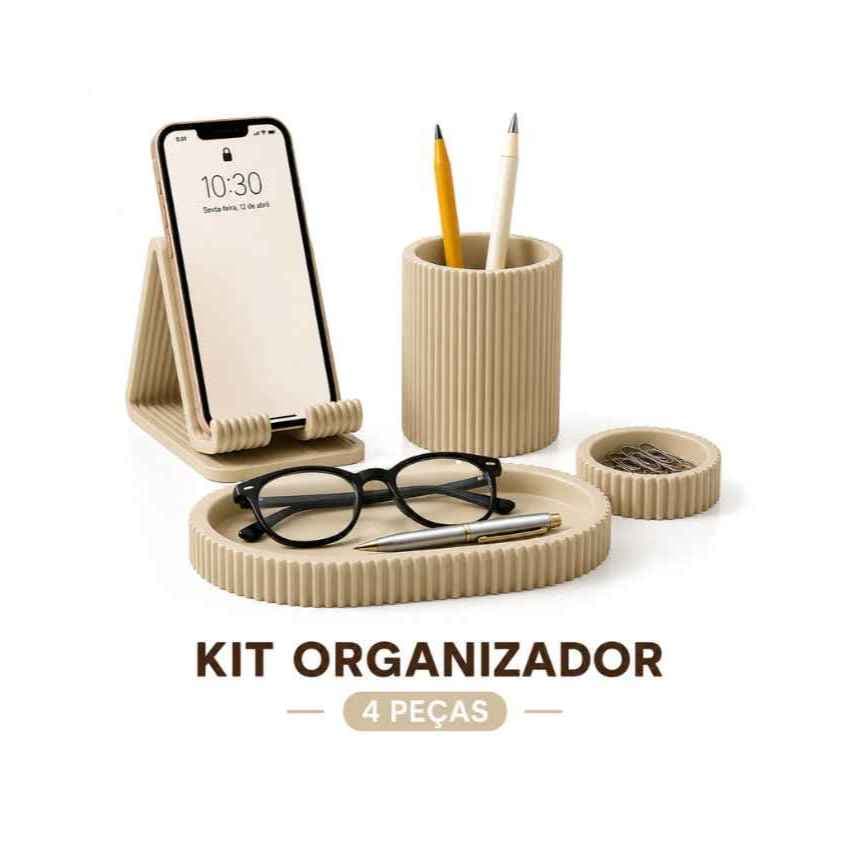 Kit Organizador de Mesa Escritório 4 Peças Porta Caneta Suporte Celular Bandeja Multiuso Porta Lápis