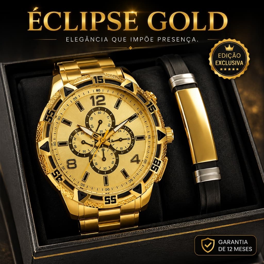 Kit Masculino Relógio Premium + Pulseira Exclusiva ÉCLIPSE GOLD™