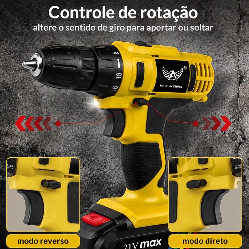 Parafusadeira Furadeira 21V Sem Fio Torque 35N.m Acessórios Completos