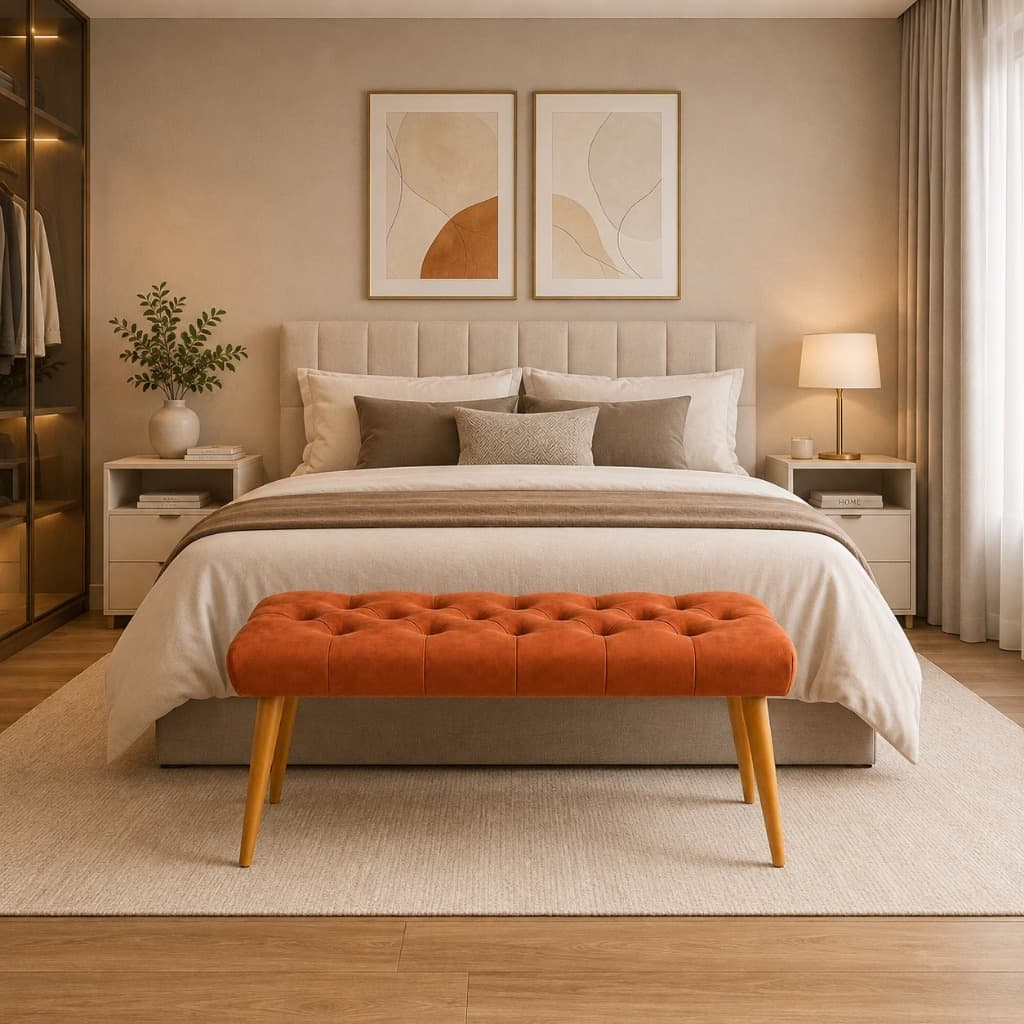 Banqueta Classic Recamier 40x70 Compacto Estofado Pés De Madeira Capitonê Elegante Suede