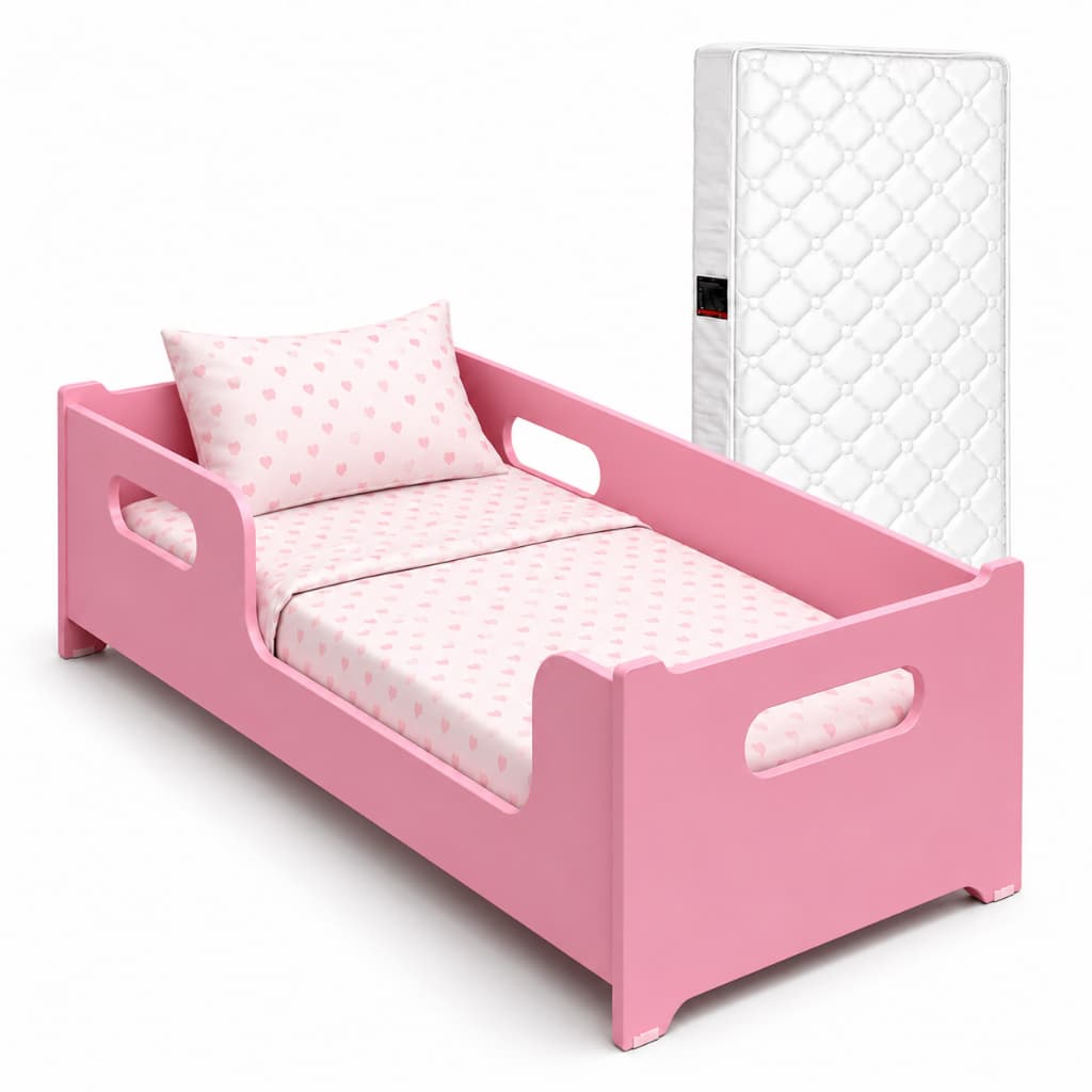 Cama Encanto Montessoriana Infantil Rosa Com Colchão Confortável Incluso Em MDF Grade Segurança