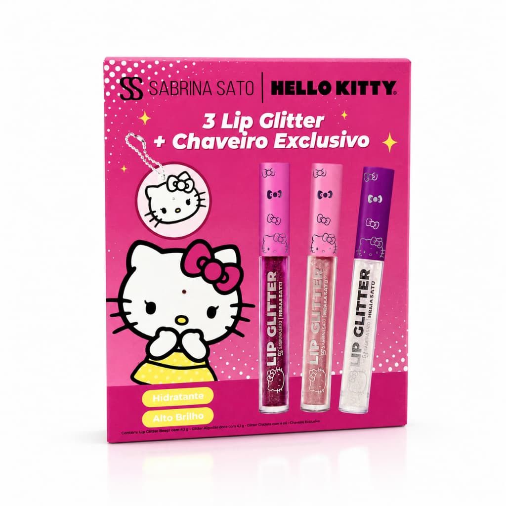 Cia Beauty Kit 3 Lip Glitters Hello Kitty Sabrina Sato com Chaveiro Gloss Labial Glitter