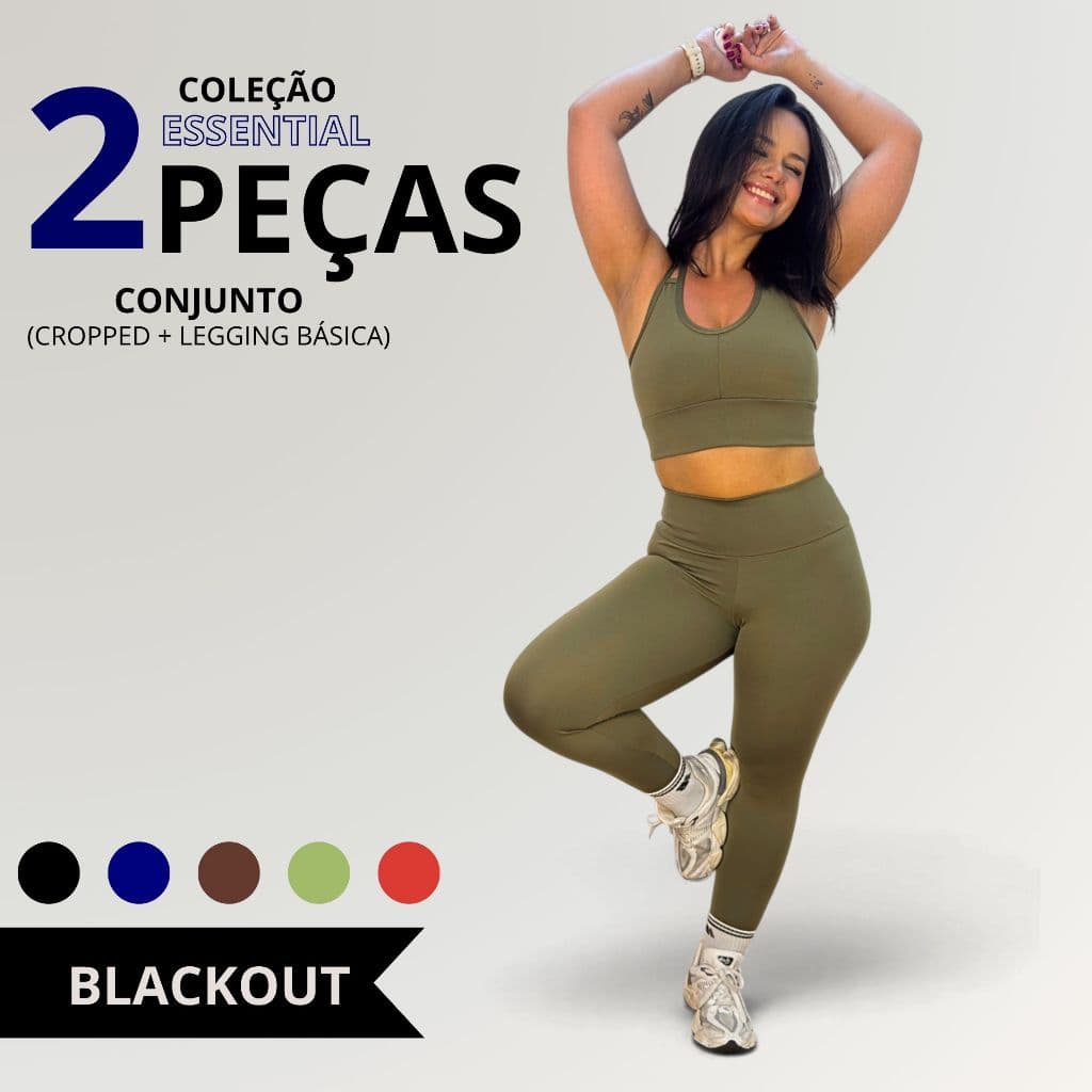 Conjunto Essential Blackout Fitness Feminino Top e Legging Poliamida Academia