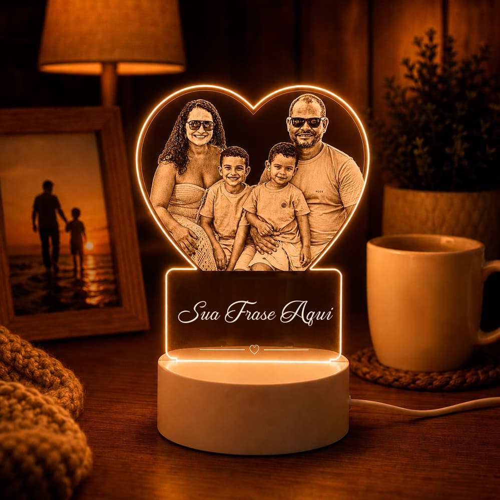 Luminária Família Foto Presente, Recordação, Personalizado, Decoração, Iluminação, escritório, Casal, Amor, Coração