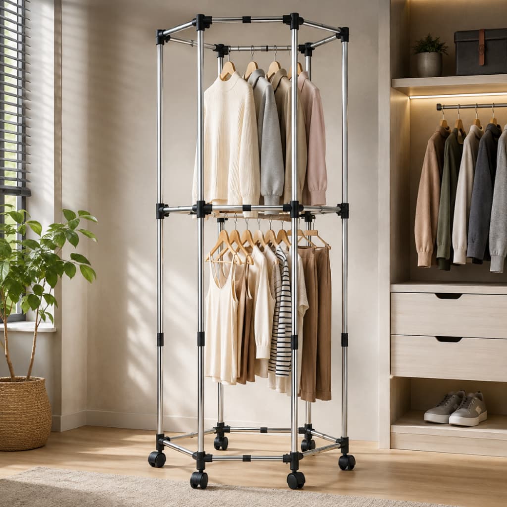 Arara Cabideiro Grande Hexagonal Inox Dupla Para Roupas Com Rodinhas