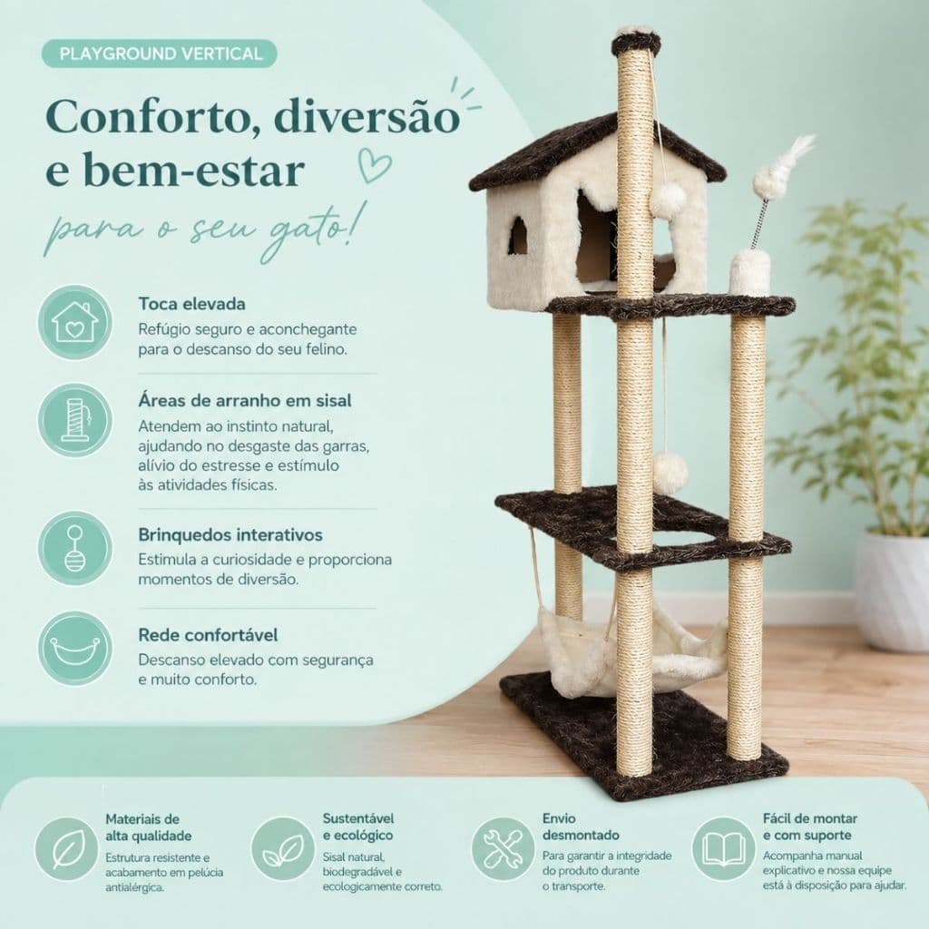 Arranhador Casa Alta para Gatos 3 Plataformas Rede Grande Brinquedo Torre Poste Sisal e Bola de Pelúcia - Miupet