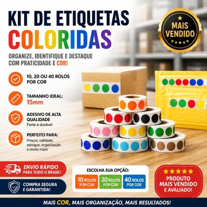 Etiqueta Adesiva Redonda 15x15mm Colorida – Para Preço Promoção Organização Estoque Mercado