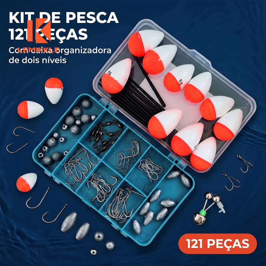 LEMIKKLE - 121Pcs Acessórios de Pesca, Boias, Chumbadas, Anzóis, Campainha, Giradores, Com Caixa Organizadora