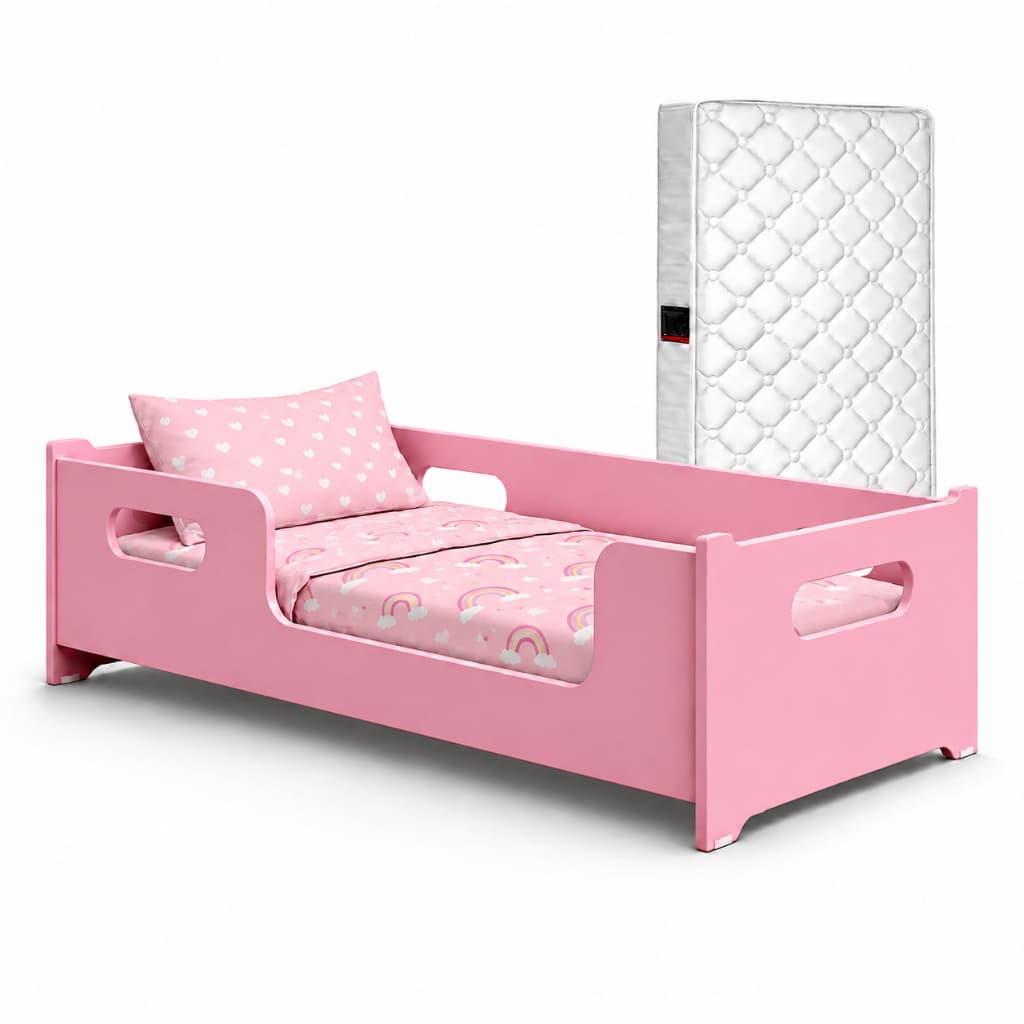 Caminha Infantil Encanto Rosa Com Colchão Incluso Montessoriana Compacta Grade Proteção Em MDF