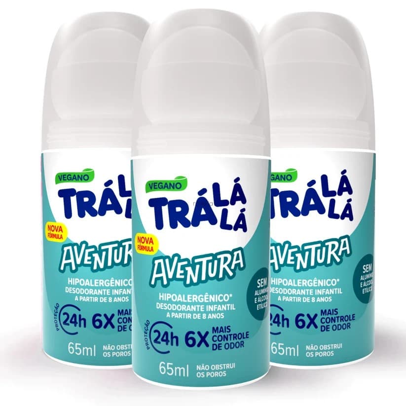 Desodorante Infantil Kit com 3 Roll On Tra La La Aventura S/ Álcool e Sem Alumínio 65ml