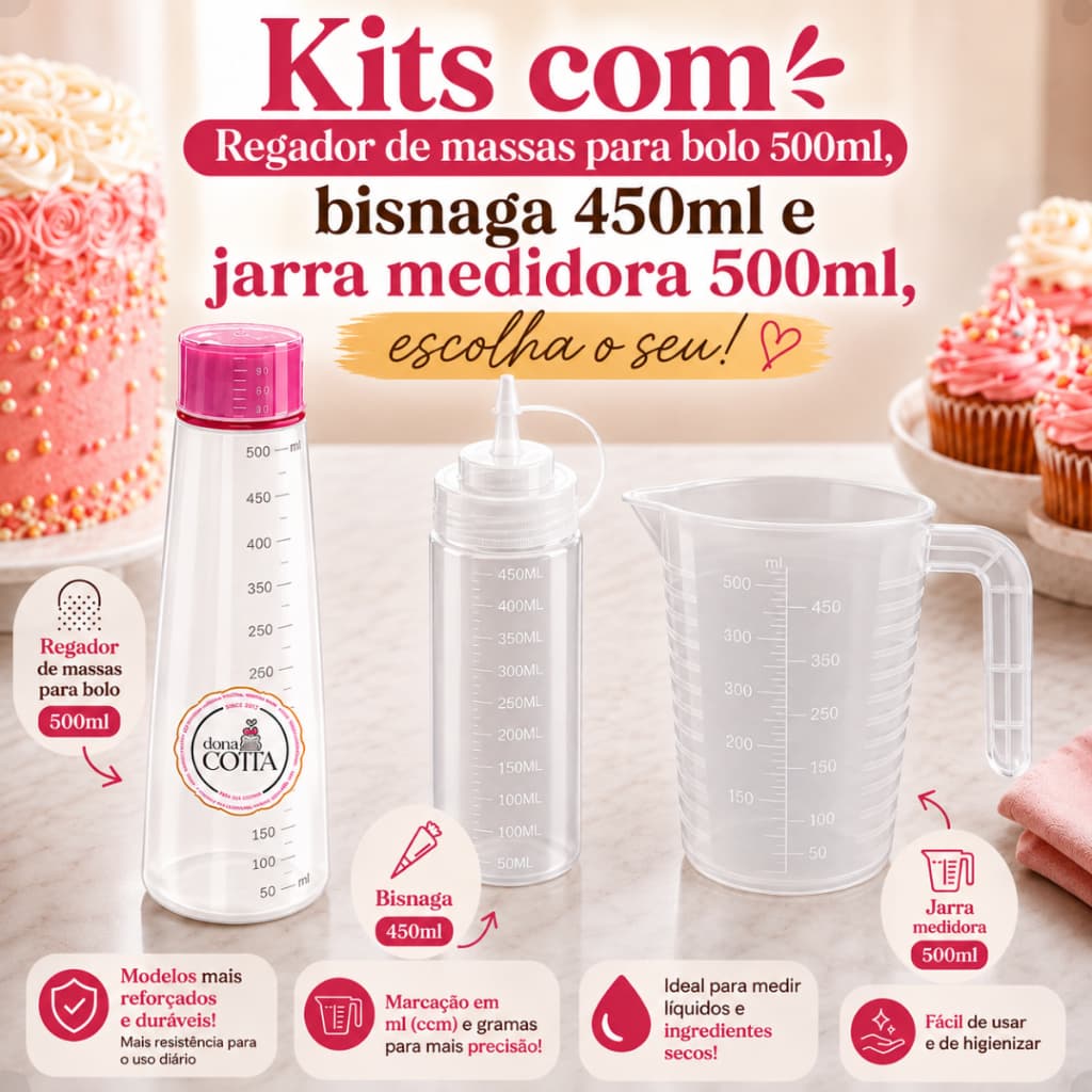 Kits com Regador Umedecedor de Massas 500ml Jarra Medidora 500ml Bisnaga 450ml Confeitaria Bolo