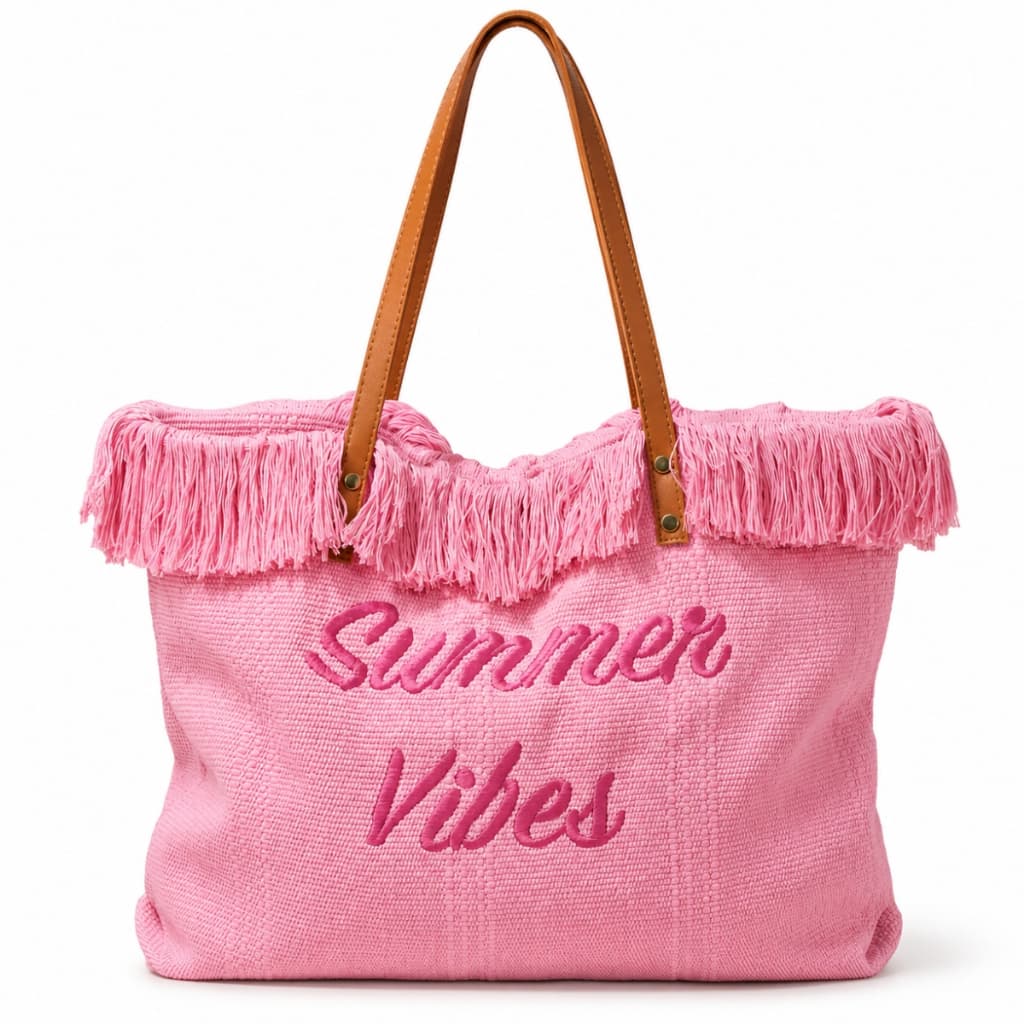 Bolsa de Praia Feminina Grande Tote com Franjas Bordada Summer Vibes