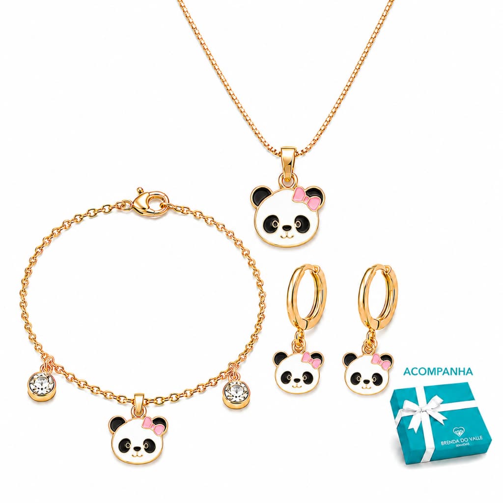 Conjunto Infantil Panda Colar Pulseira e Brinco Banhado a Ouro 18K Antialérgico