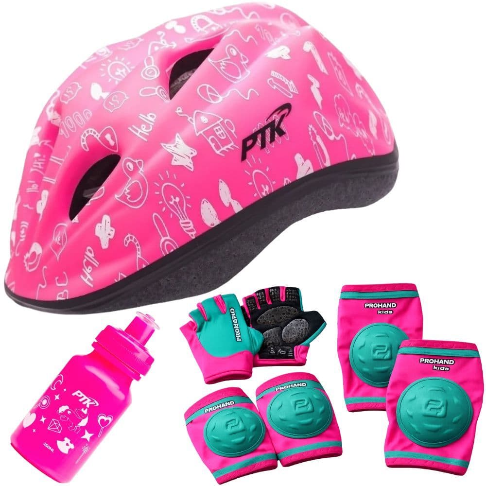 Capacete Infantil PTK Ajustável Kit Joelheira Cotoveleira Luva Garrafinha Bike Skate Patins Patinete