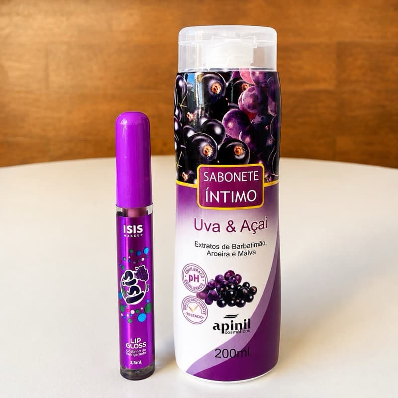 Kit Sabonete Íntimo Apinil 200 ml + Lip Gloss Labial Isis Makeup Sabor Uva | 2 peças