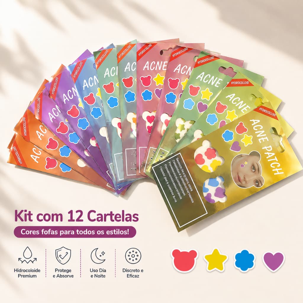 KIT12 Adesivo Seca Espinha AntiAcne Colorido Diversos Modelos Hidrocolóide Premium Dia/Noite Secativo